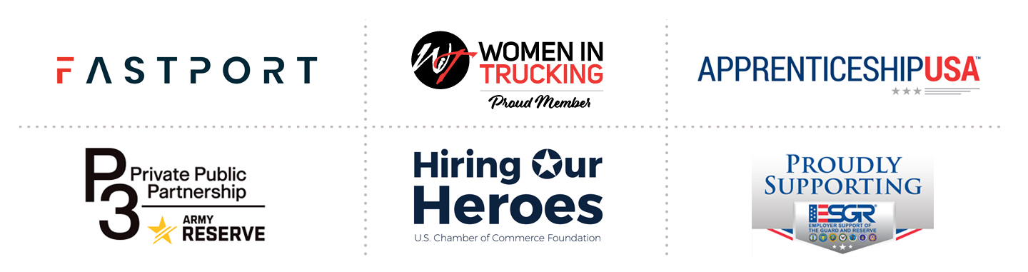 Logos of partner organizations: ESGR-Employer Support of the Guard and Reserve| Hiring Our Heroes-U.S. Chamber of Commerce Foundation | Fastport | Women in Trucking | Apprenticeship USA